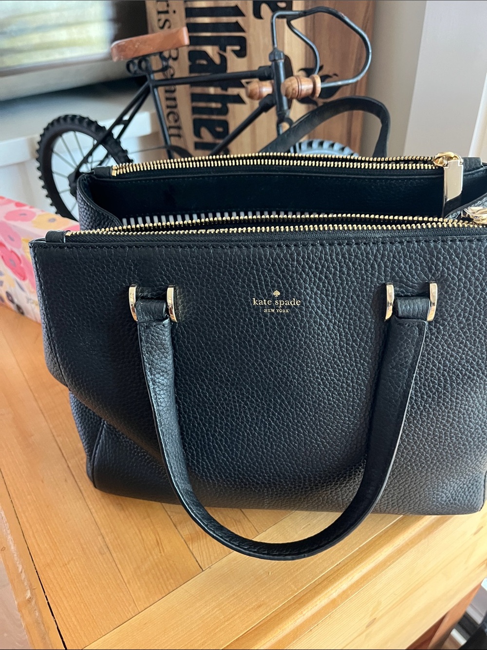 kate spade black pebbled leather tote with gold hardware